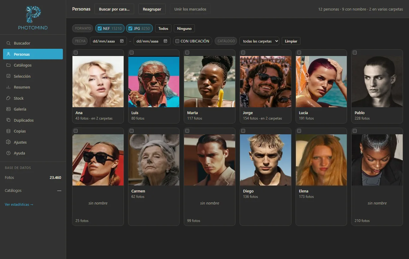 PhotoMind agrupando las caras de las mismas personas