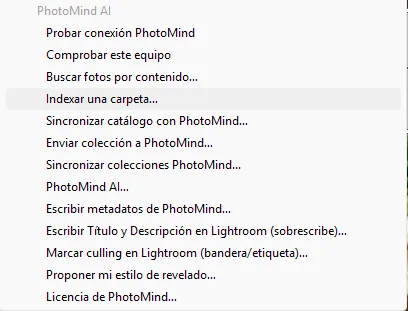 El menú de PhotoMind dentro de Lightroom