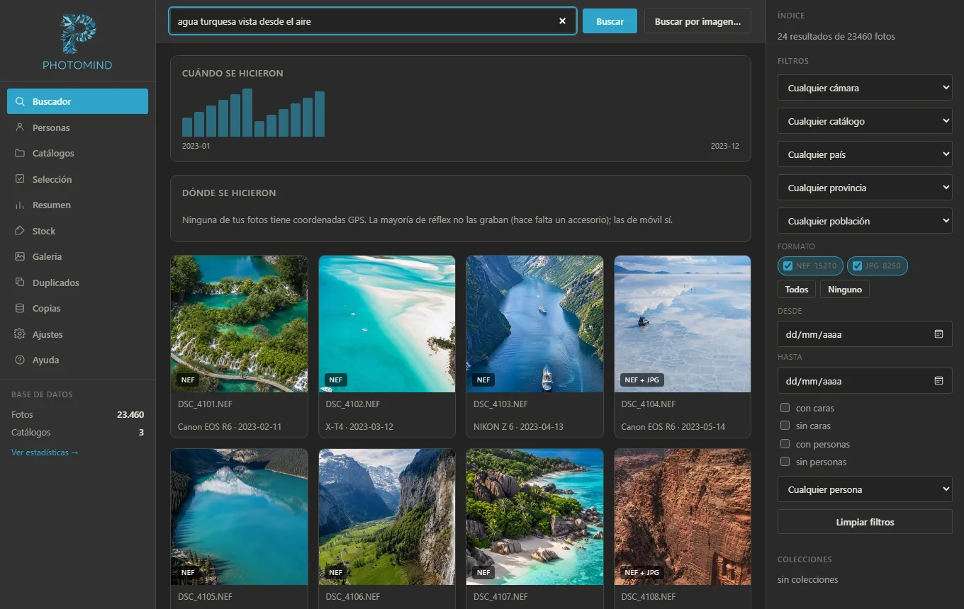 El buscador de PhotoMind con los resultados de una búsqueda
