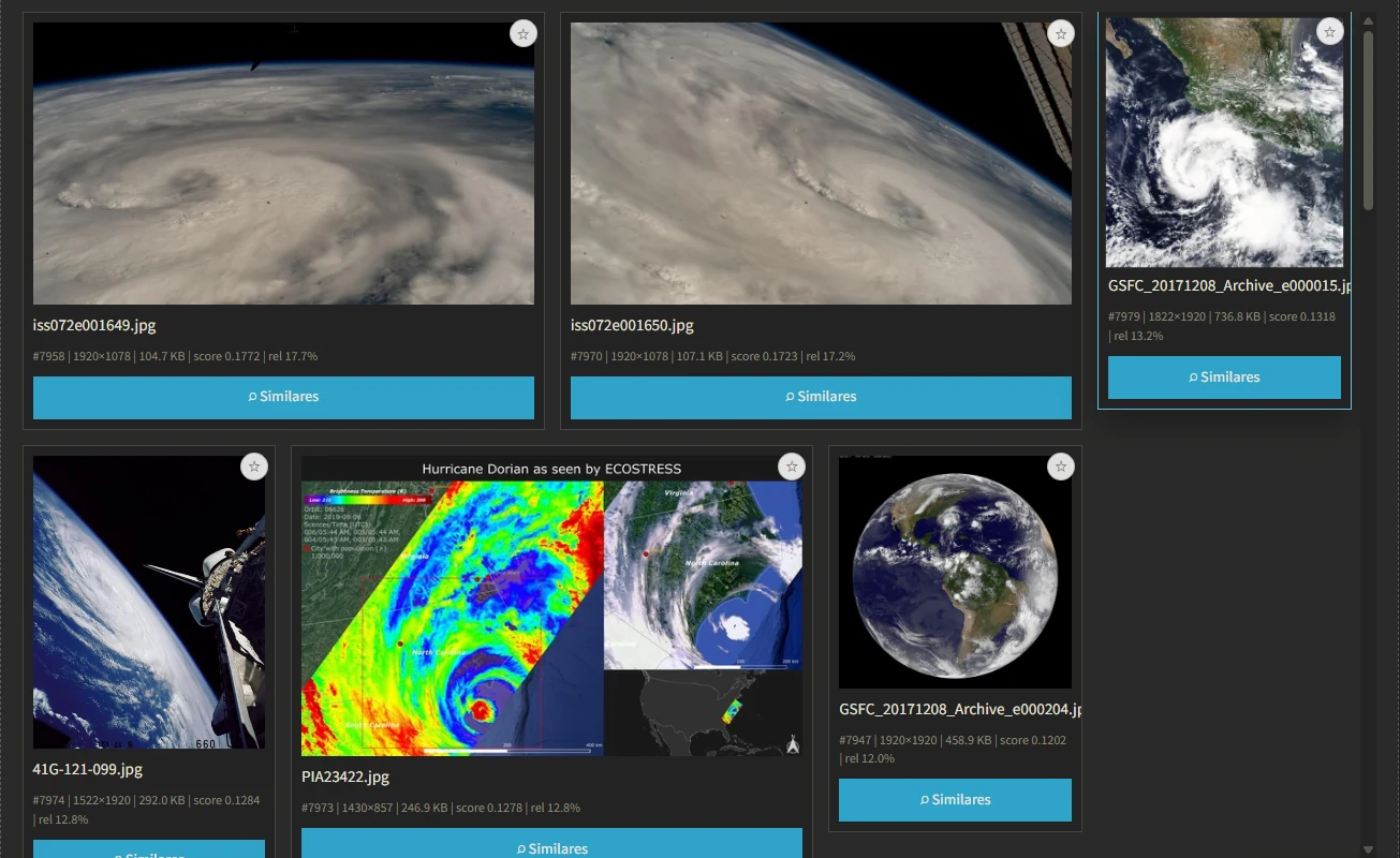 Búsqueda en S.A.M. que encuentra fotos de huracanes desde el espacio
